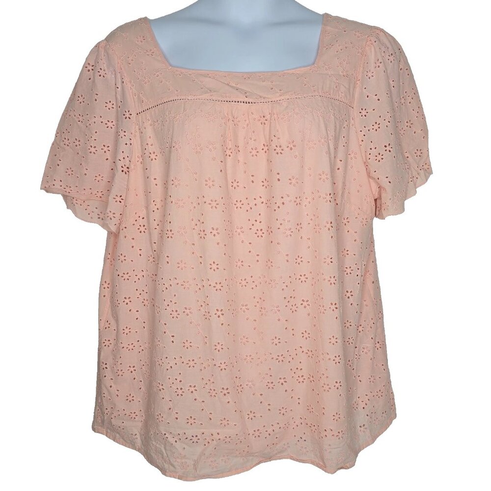 Talbots Womens Top Blouse 2X Eyelet Lace Lined Short Sleeve Cottagecore Prairie